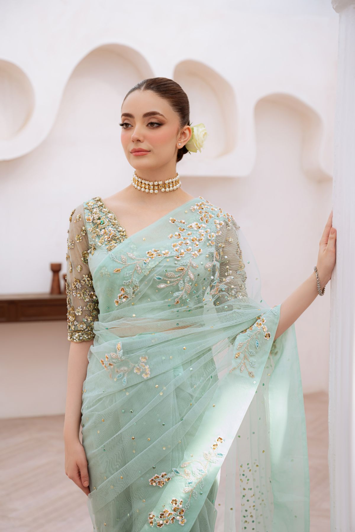 Soft Mint Green Beaded Net Saree (3-Piece) - Image 6