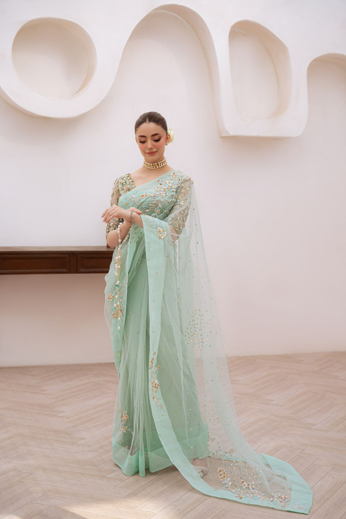 Soft Mint Green Beaded Net Saree (3-Piece) - Image 7