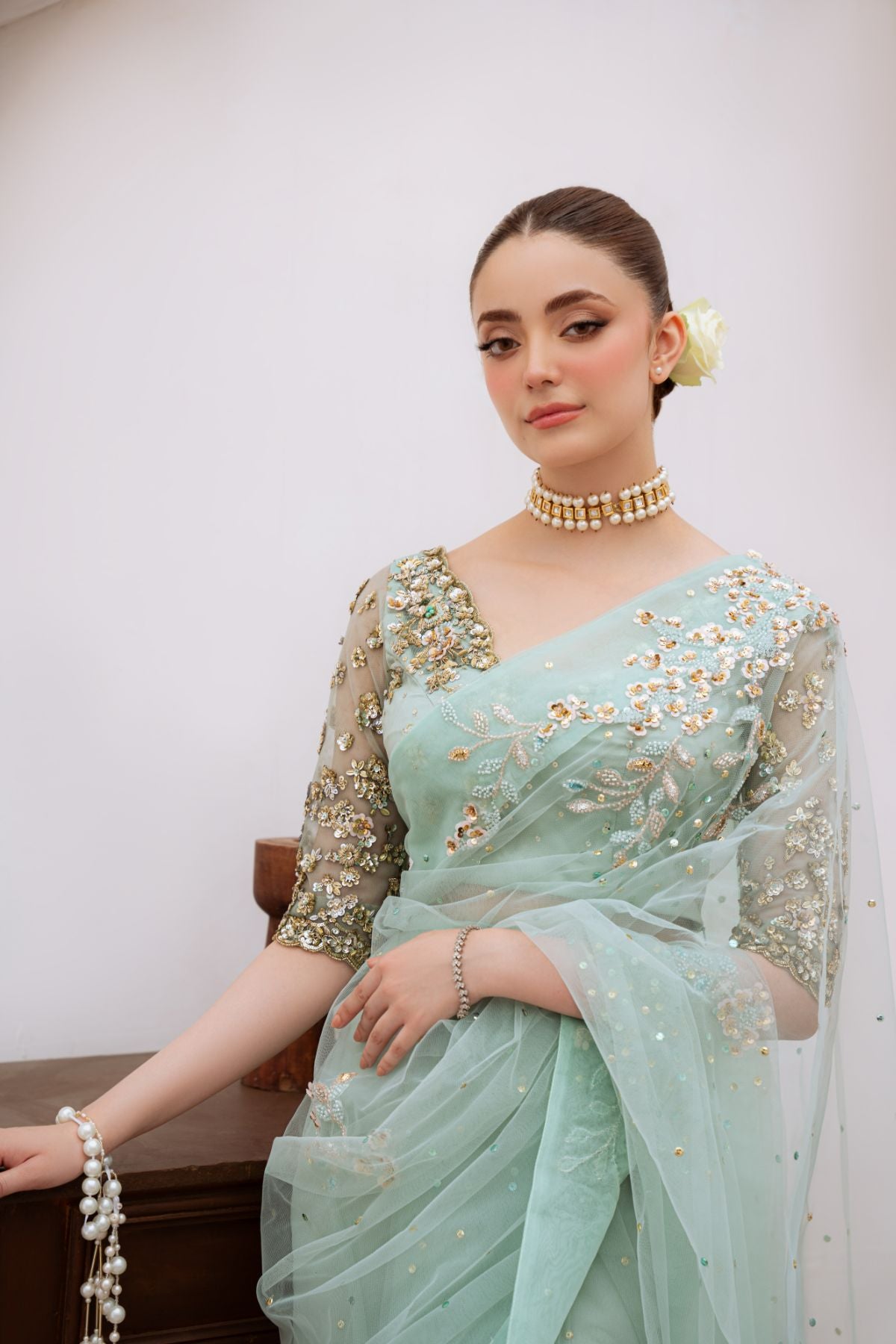 Soft Mint Green Beaded Net Saree (3-Piece) - Image 8