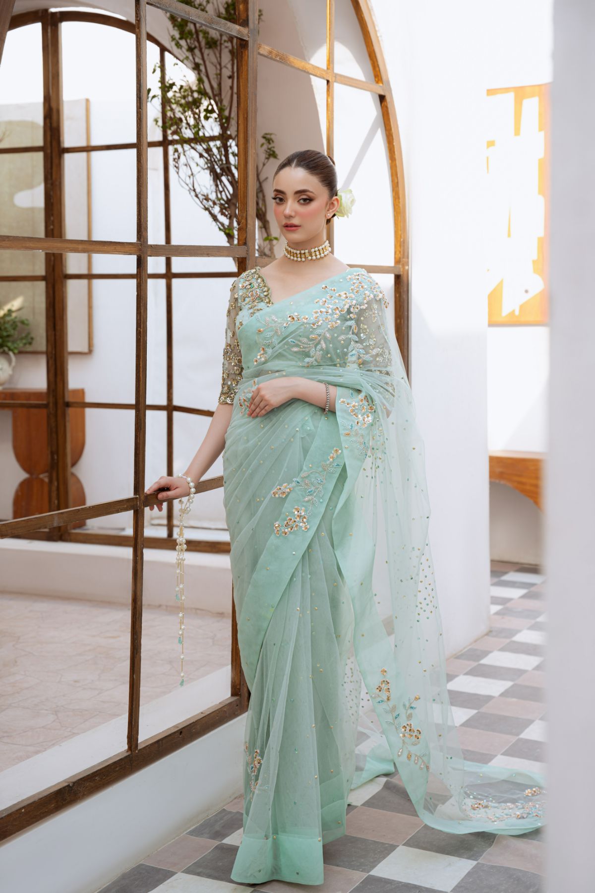 Soft Mint Green Beaded Net Saree (3-Piece) - Image 9
