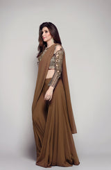 Khaki Green Embroidered Net & Chiffon Lehnga-Sari (2-Piece) - Image 4