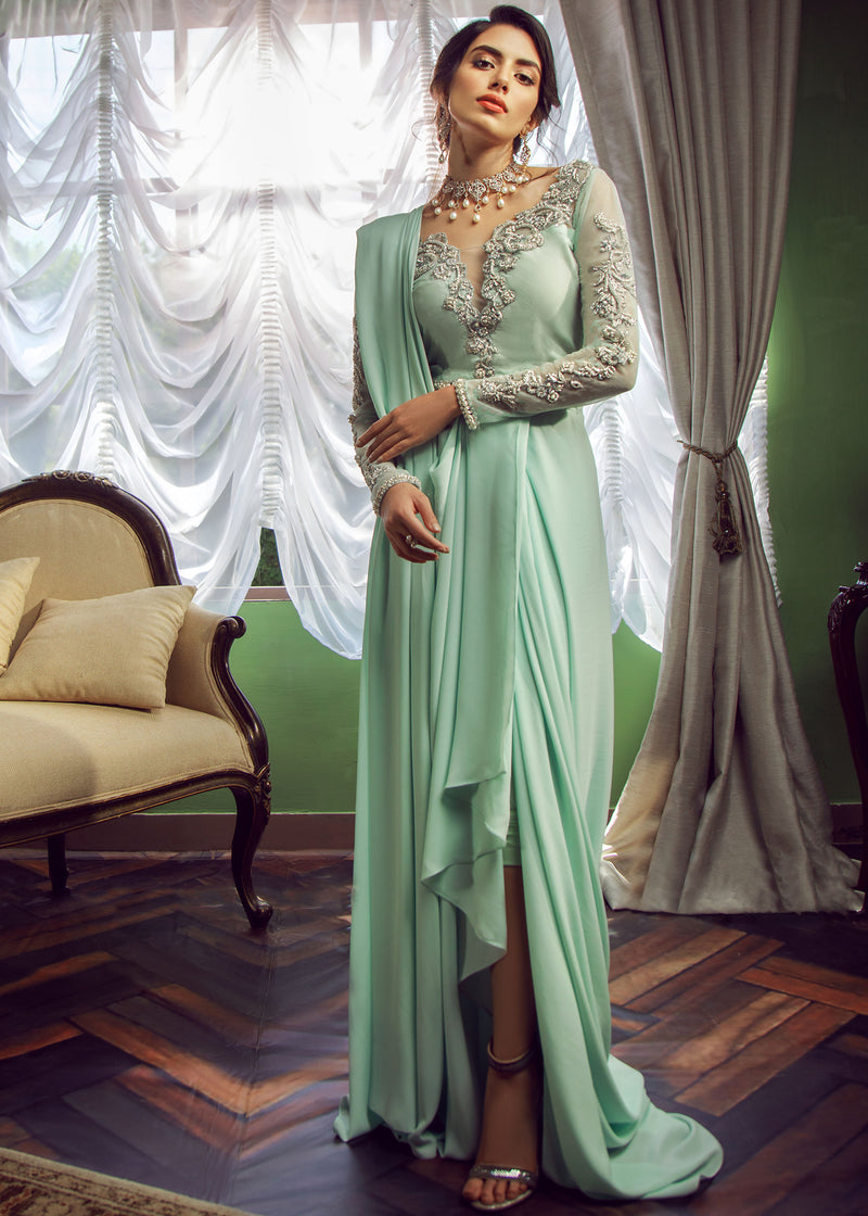 Mint Hand-Embellished Net & Georgette Saree (2-Piece) - Image 2