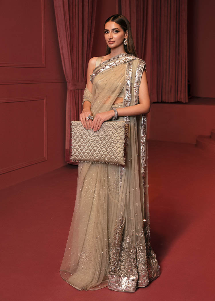 Pakistani Pistachio Sequin Net Saree with Satin Blouse (2-Piece) - Image 1