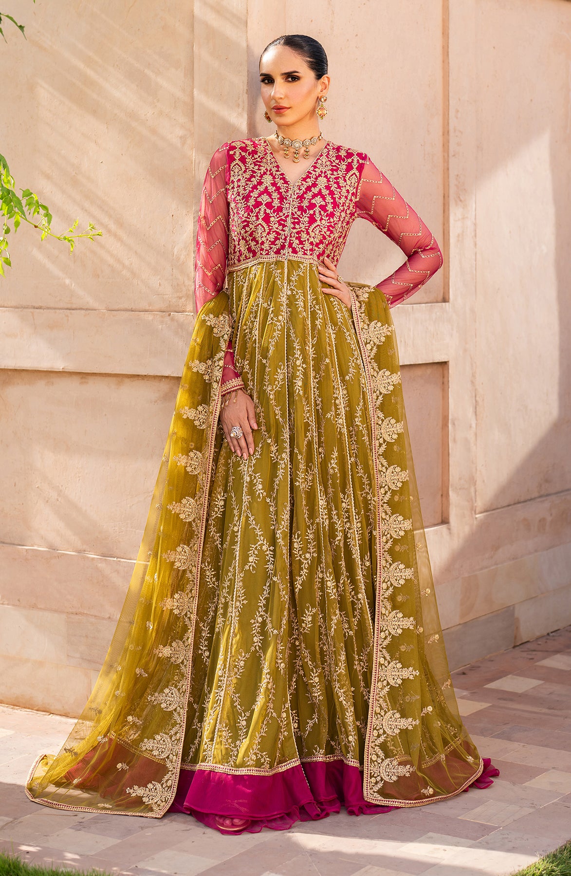 Pakistani Olive Sequins Embroidered Net Saree (2-Piece) - Image 1