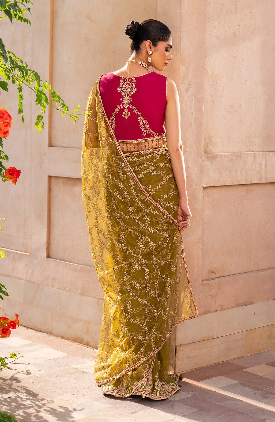 Pakistani Olive Sequins Embroidered Net Saree (2-Piece) - Image 2