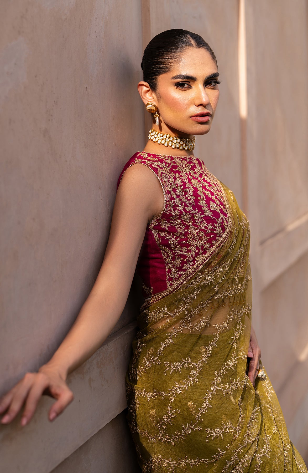 Pakistani Olive Sequins Embroidered Net Saree (2-Piece) - Image 3