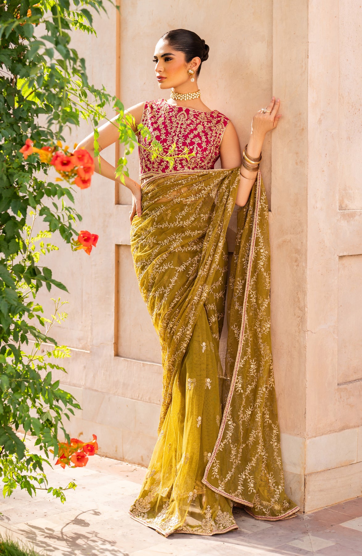 Pakistani Olive Sequins Embroidered Net Saree (2-Piece) - Image 4