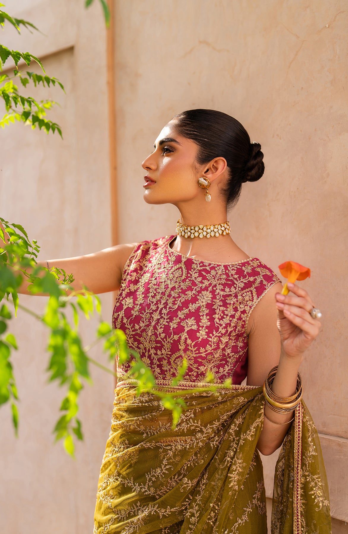 Pakistani Olive Sequins Embroidered Net Saree (2-Piece) - Image 5