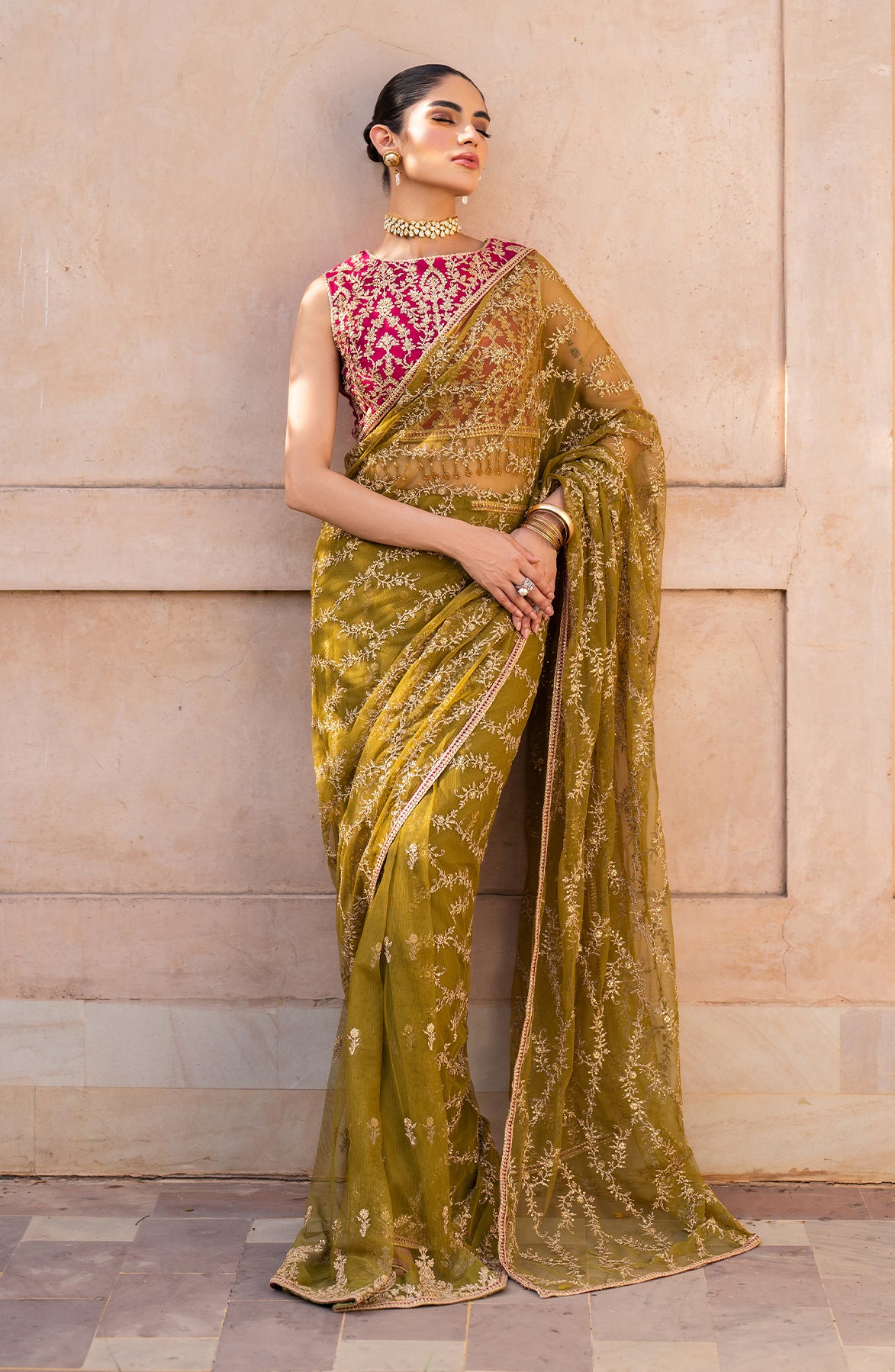 Pakistani Olive Sequins Embroidered Net Saree (2-Piece) - Image 6