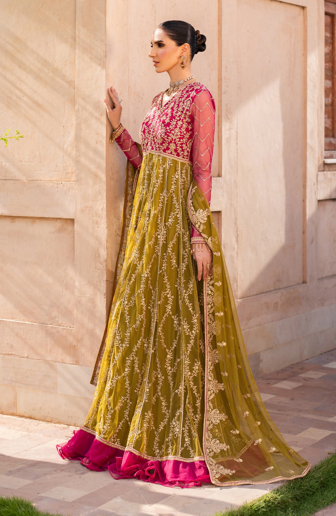 Pakistani Olive Sequins Embroidered Net Saree (2-Piece) - Image 7