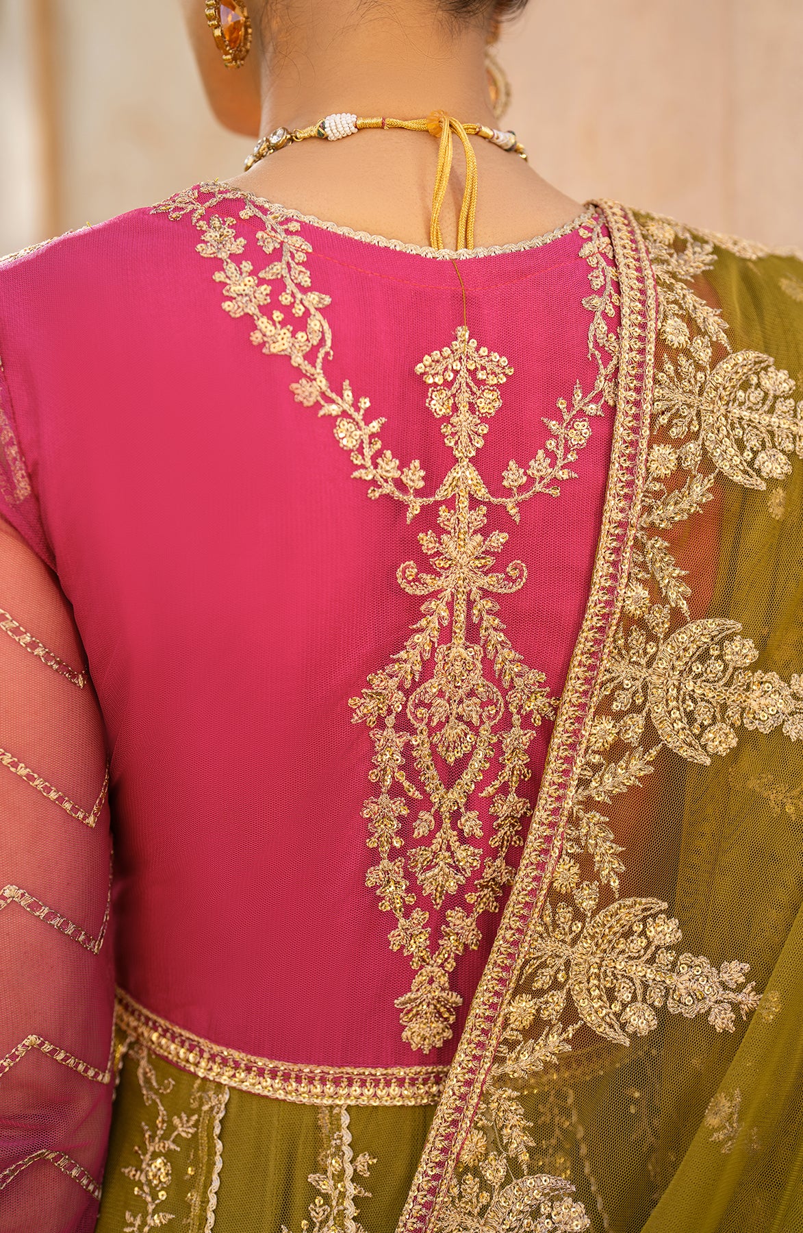 Pakistani Olive Sequins Embroidered Net Saree (2-Piece) - Image 8