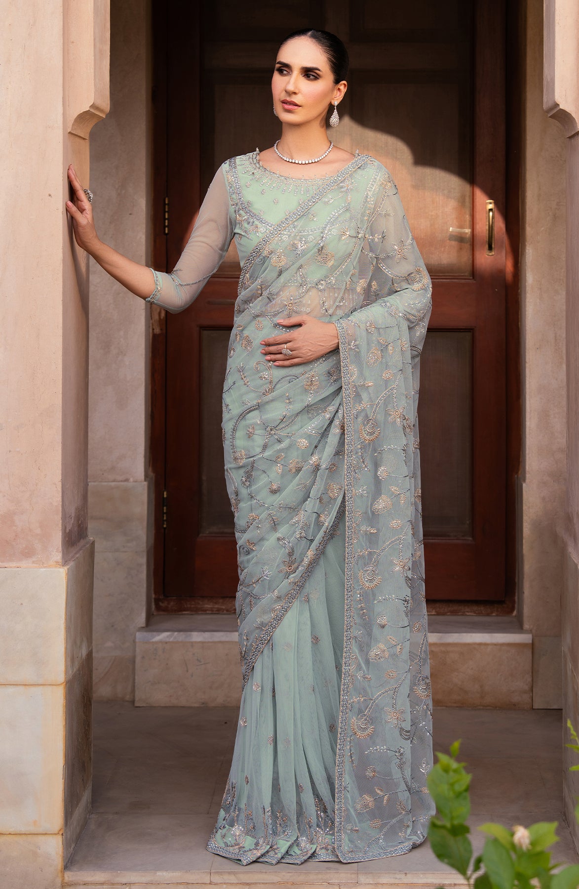 Pakistani Seafoam Sequin Embroidered Net Saree (3-Piece) - Image 1