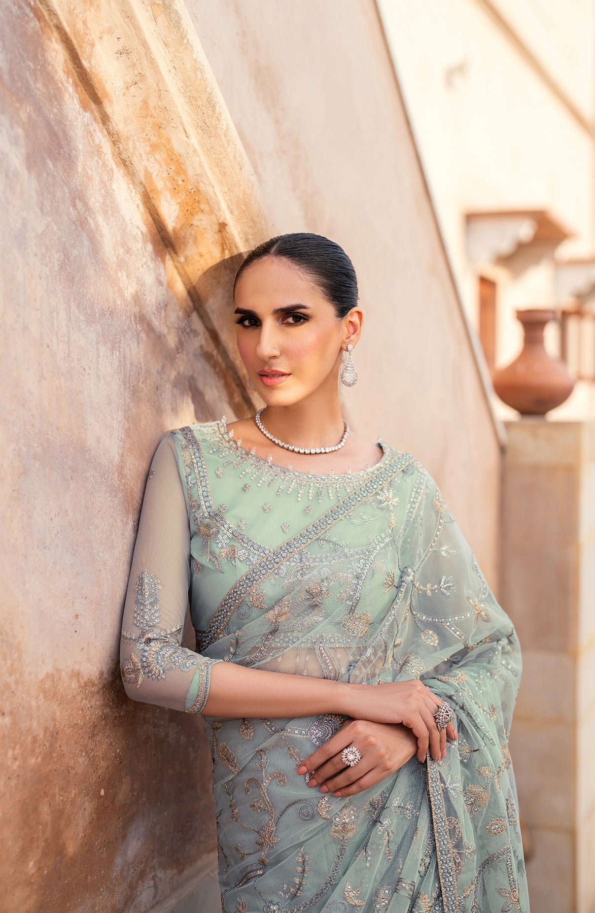 Pakistani Seafoam Sequin Embroidered Net Saree (3-Piece) - Image 4