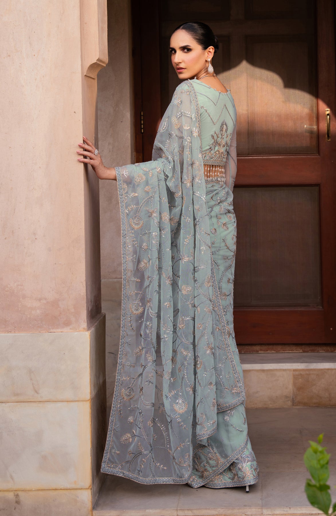 Pakistani Seafoam Sequin Embroidered Net Saree (3-Piece) - Image 5