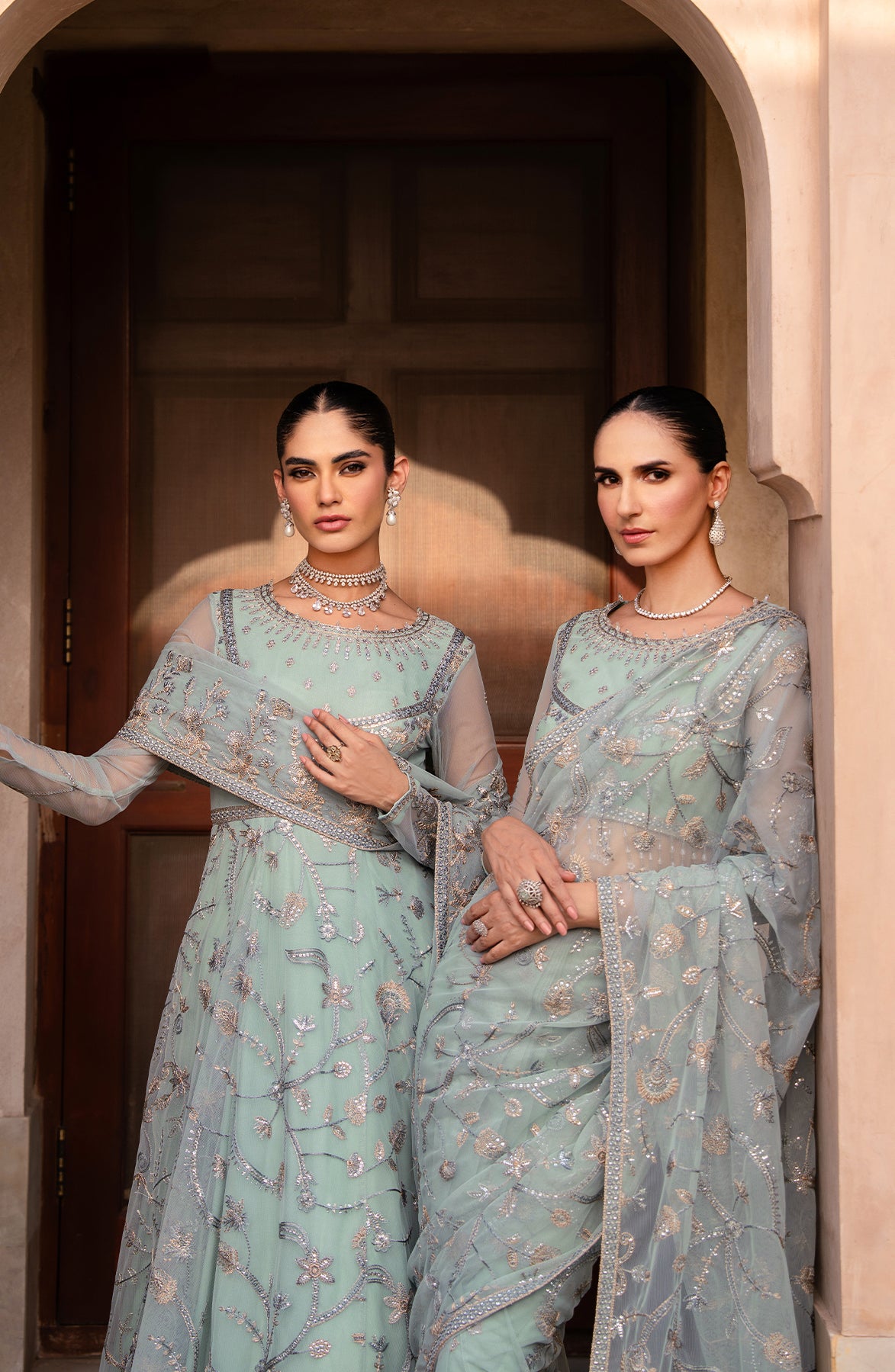 Pakistani Seafoam Sequin Embroidered Net Saree (3-Piece) - Image 6