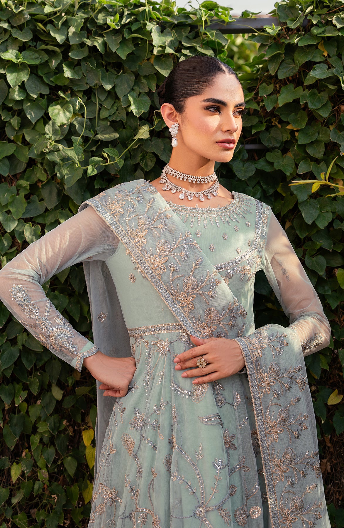 Pakistani Seafoam Sequin Embroidered Net Saree (3-Piece) - Image 7