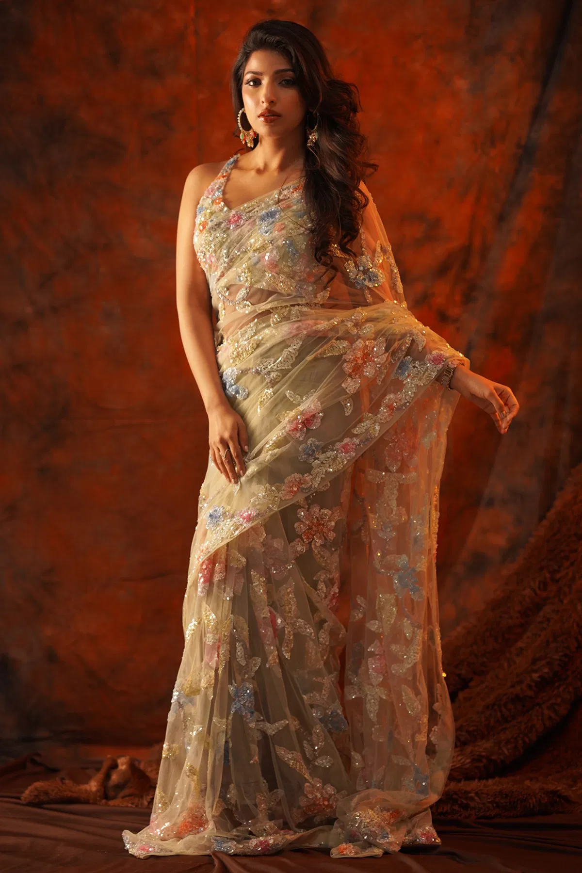 Pale Green Sequin Embroidered Net Saree (2-Piece) - Image 1