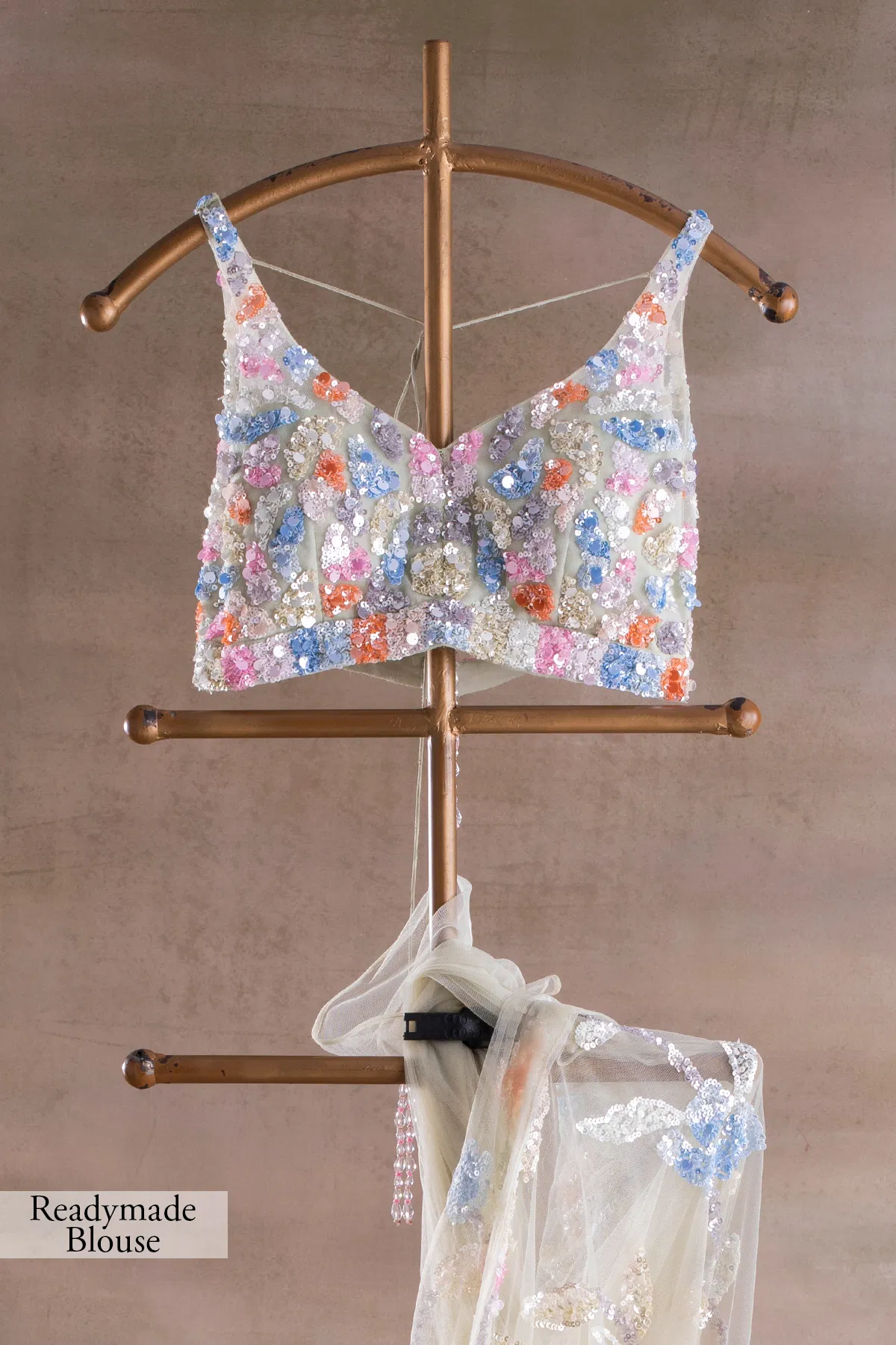 Pale Green Sequin Embroidered Net Saree (2-Piece) - Image 10