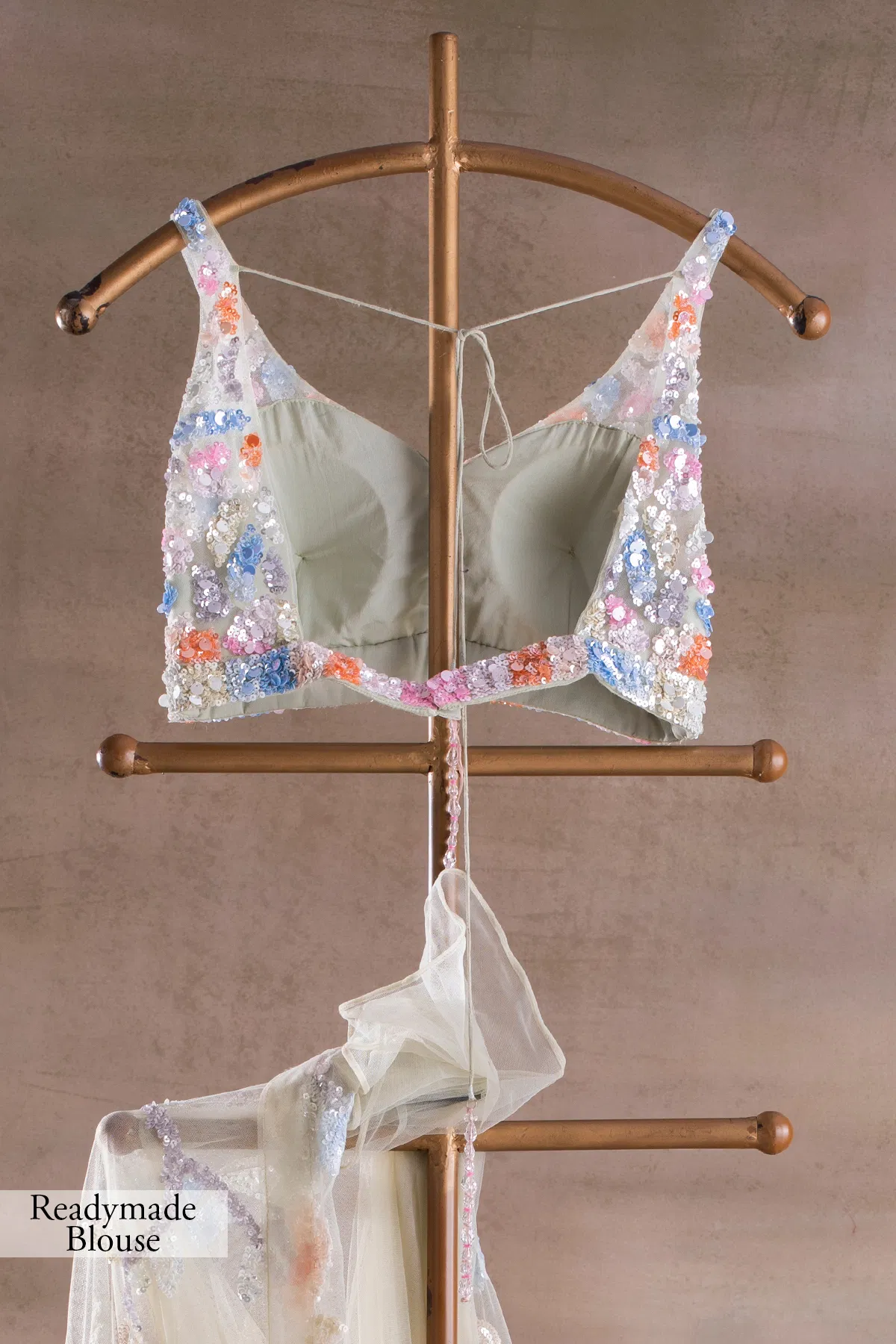 Pale Green Sequin Embroidered Net Saree (2-Piece) - Image 11