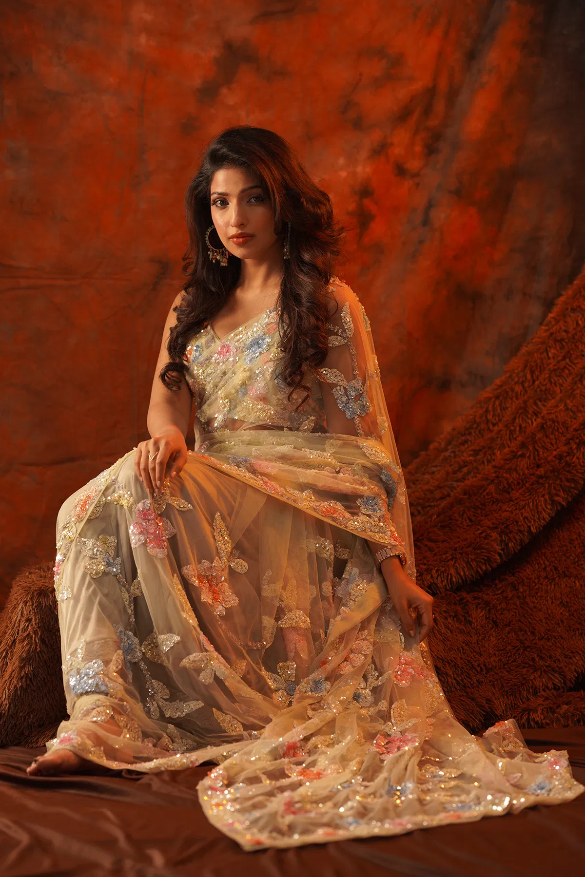 Pale Green Sequin Embroidered Net Saree (2-Piece) - Image 3