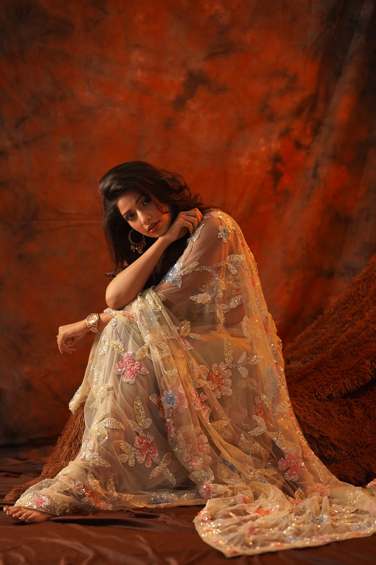 Pale Green Sequin Embroidered Net Saree (2-Piece) - Image 4