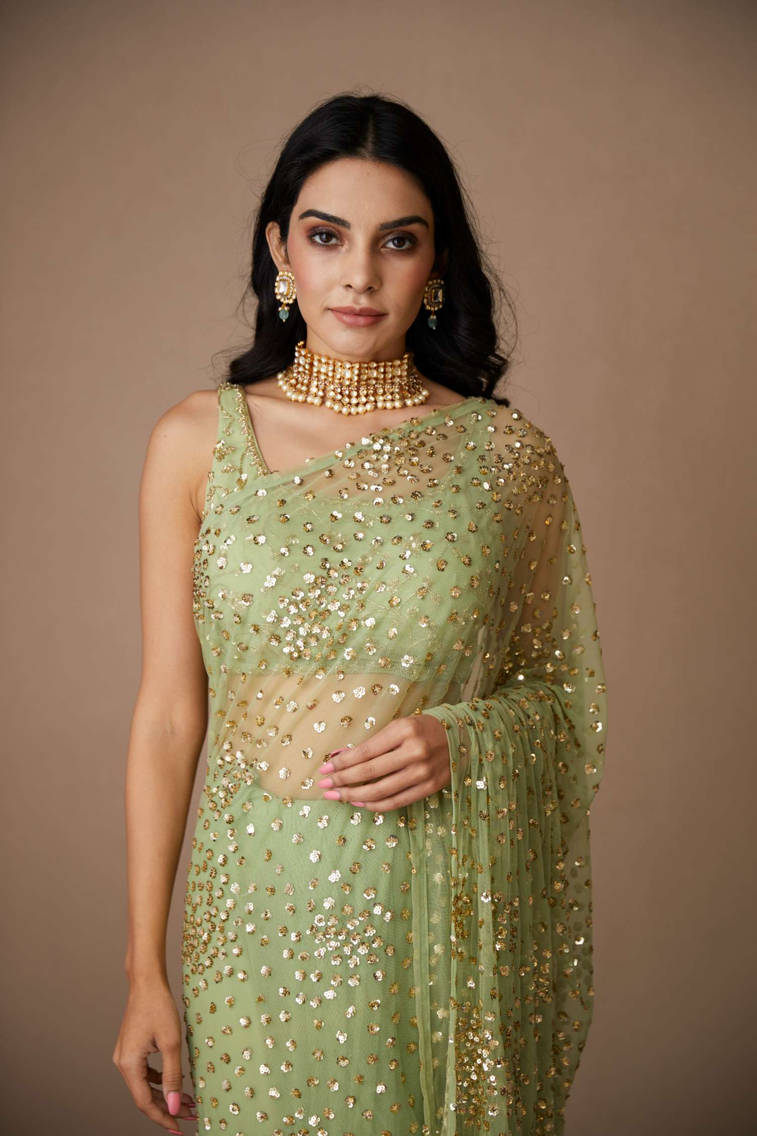 Indian Mint Green Sequin Net Saree Set (2-Piece) - Image 1