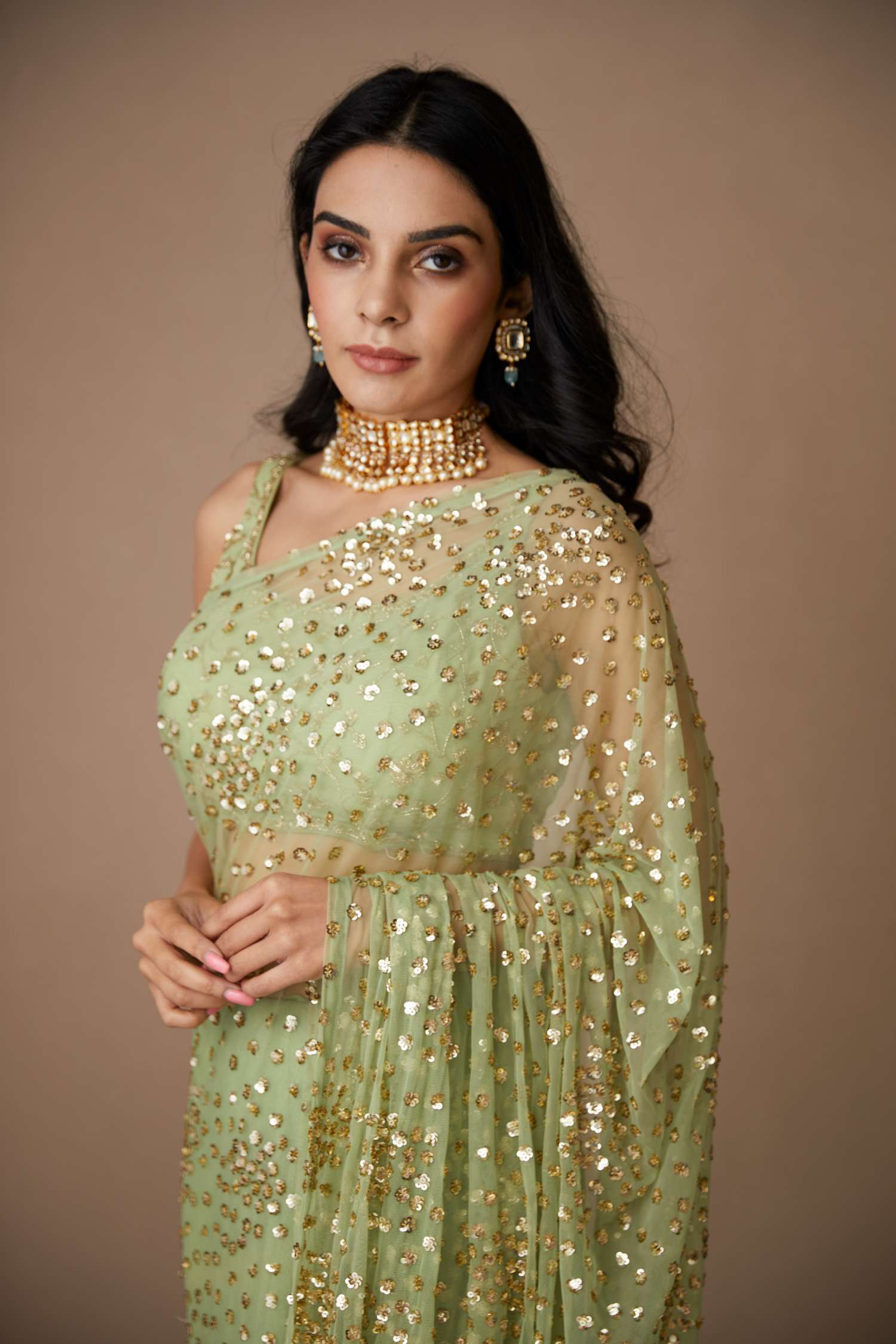 Indian Mint Green Sequin Net Saree Set (2-Piece) - Image 2