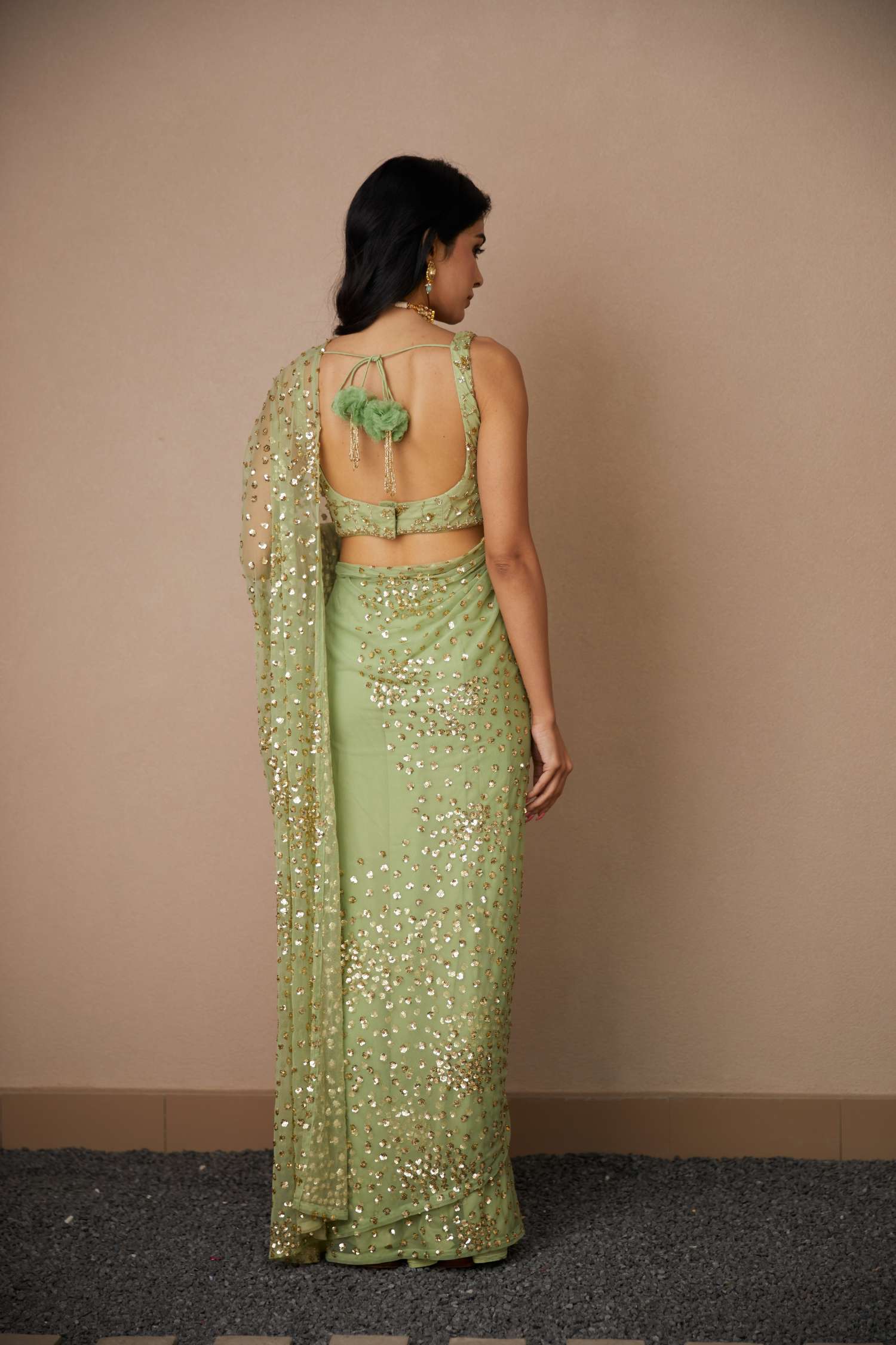Indian Mint Green Sequin Net Saree Set (2-Piece) - Image 4
