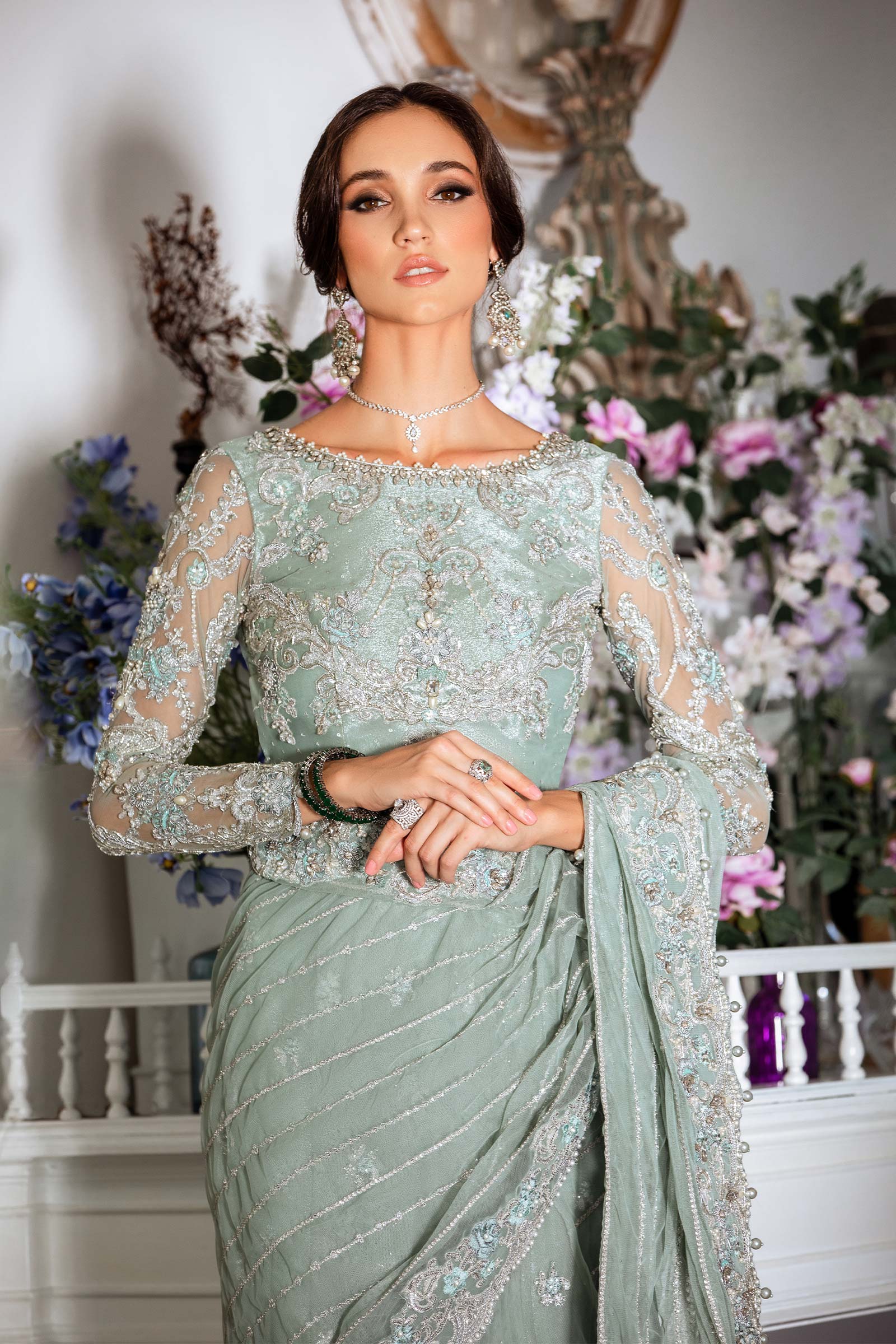 Pakistani Sea Green Embroidered Net Saree (3-Piece) - Image 4