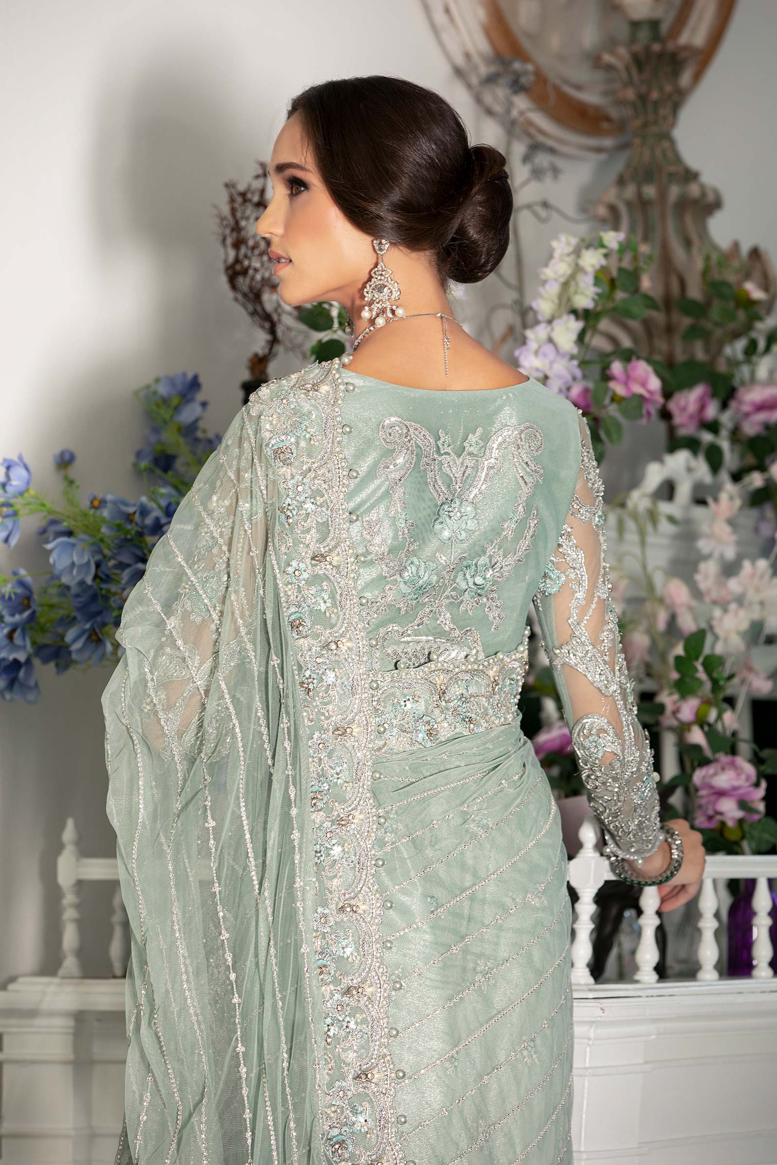 Pakistani Sea Green Embroidered Net Saree (3-Piece) - Image 6