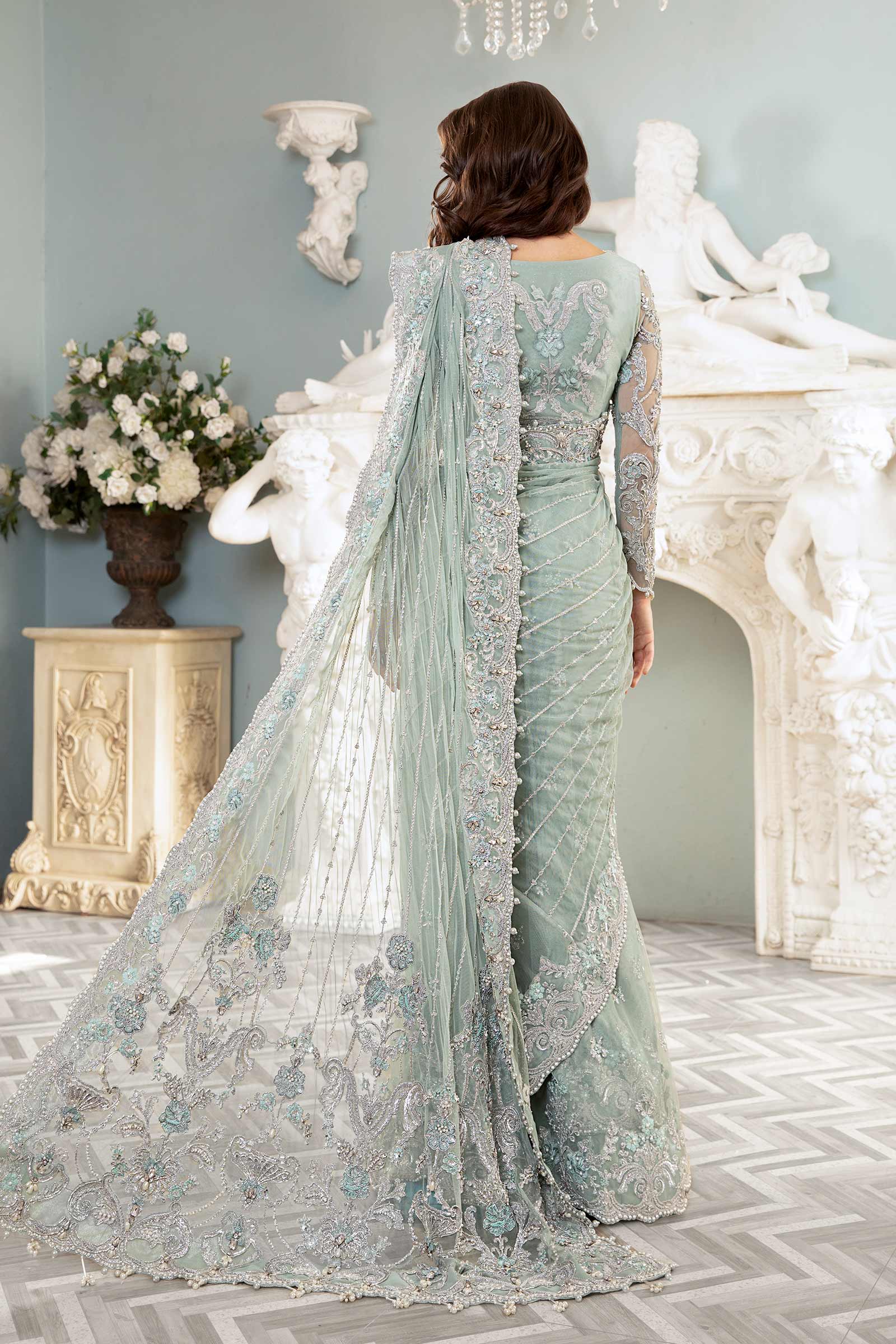 Pakistani Sea Green Embroidered Net Saree (3-Piece) - Image 8