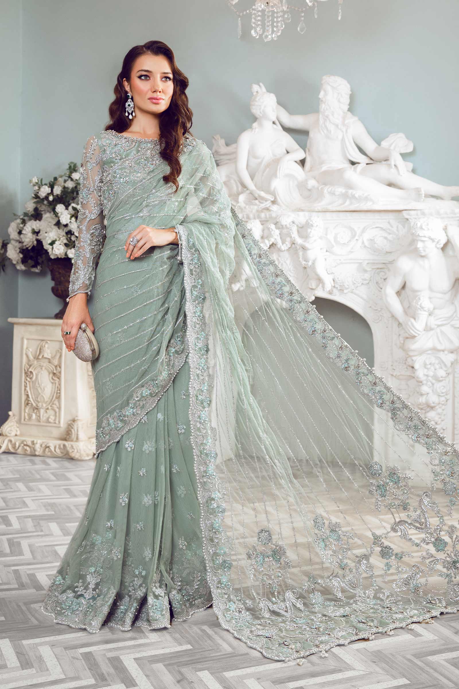 Pakistani Sea Green Embroidered Net Saree (3-Piece) - Image 1