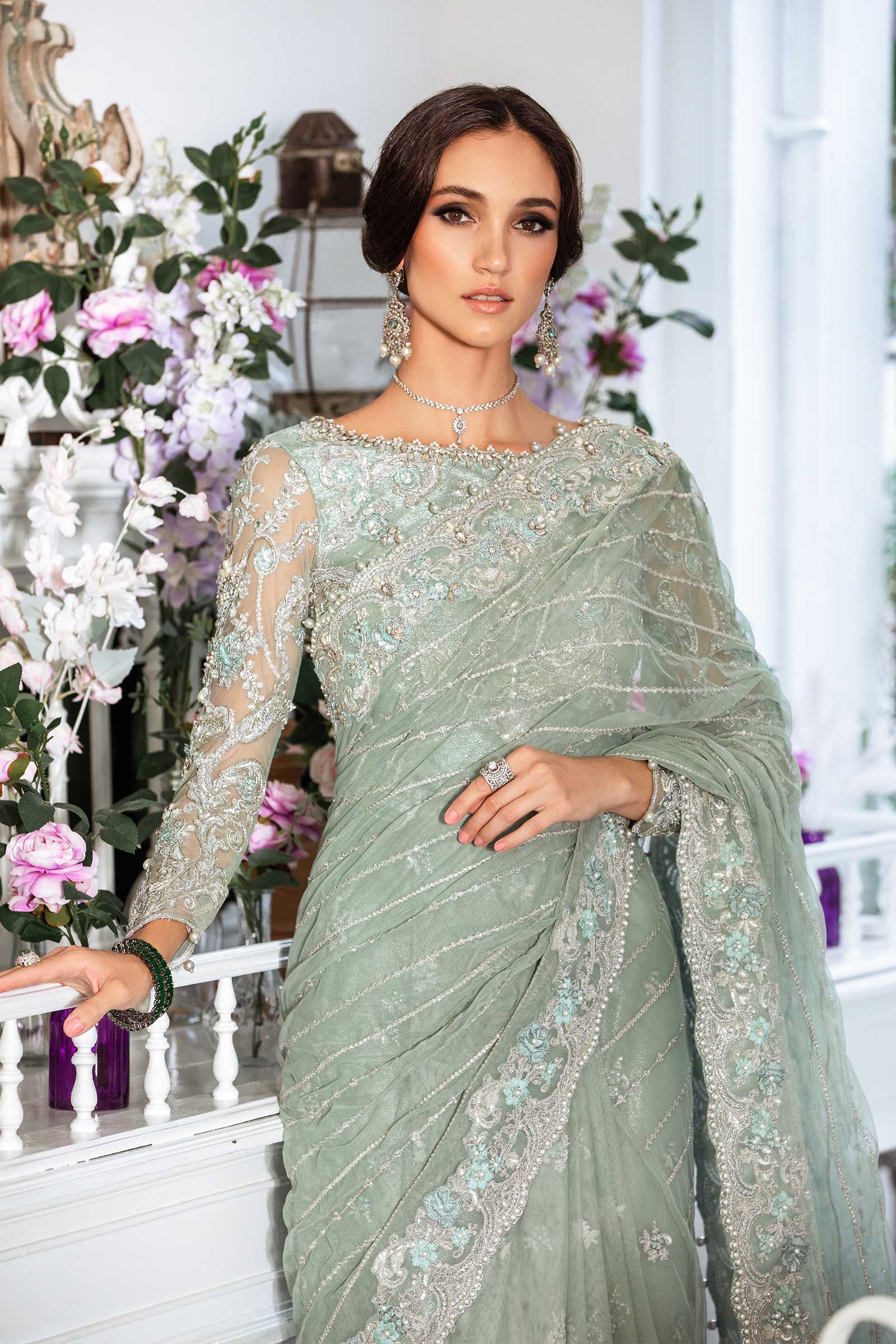 Pakistani Sea Green Embroidered Net Saree (3-Piece) - Image 3