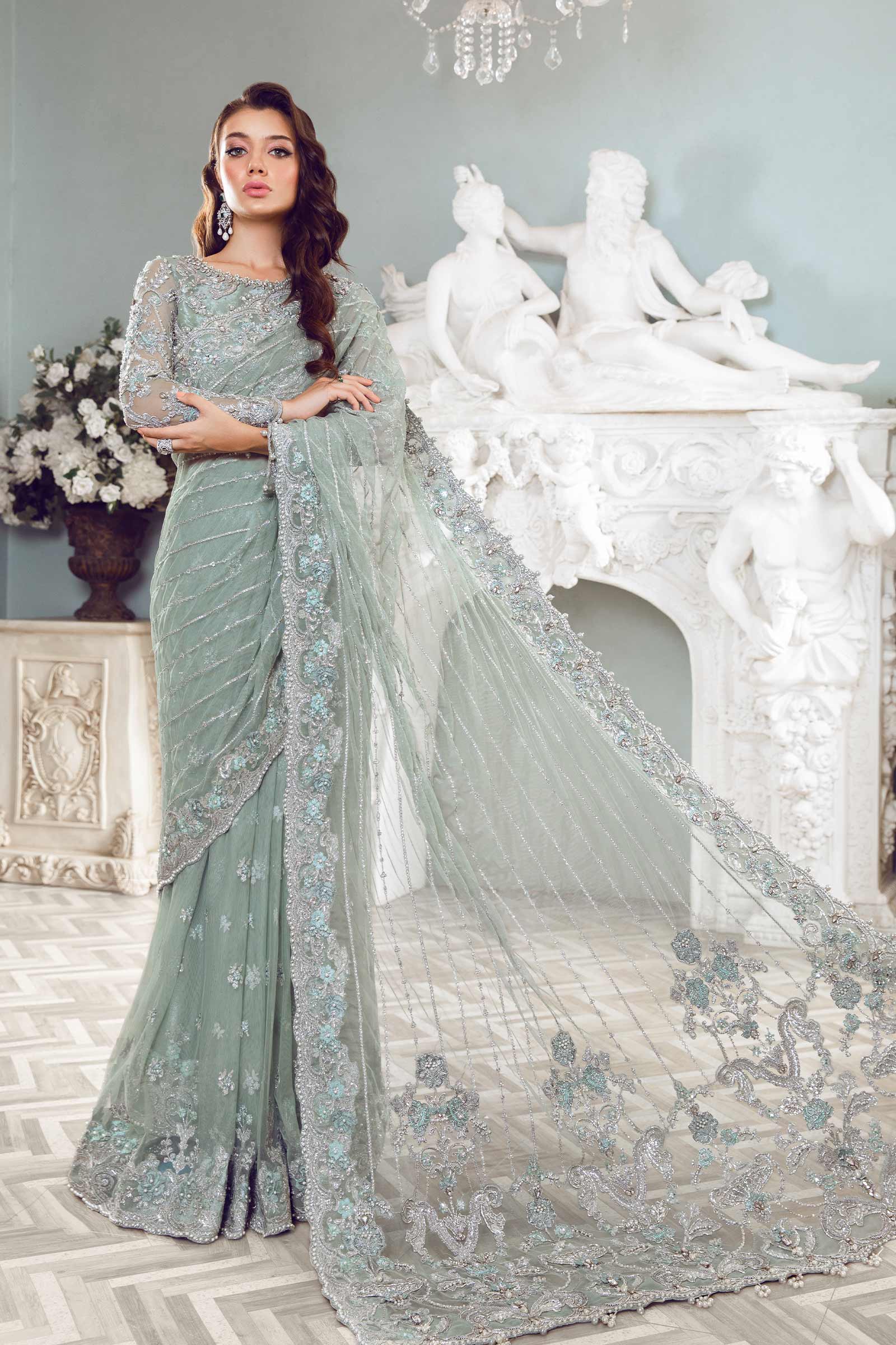 Pakistani Sea Green Embroidered Net Saree (3-Piece) - Image 5