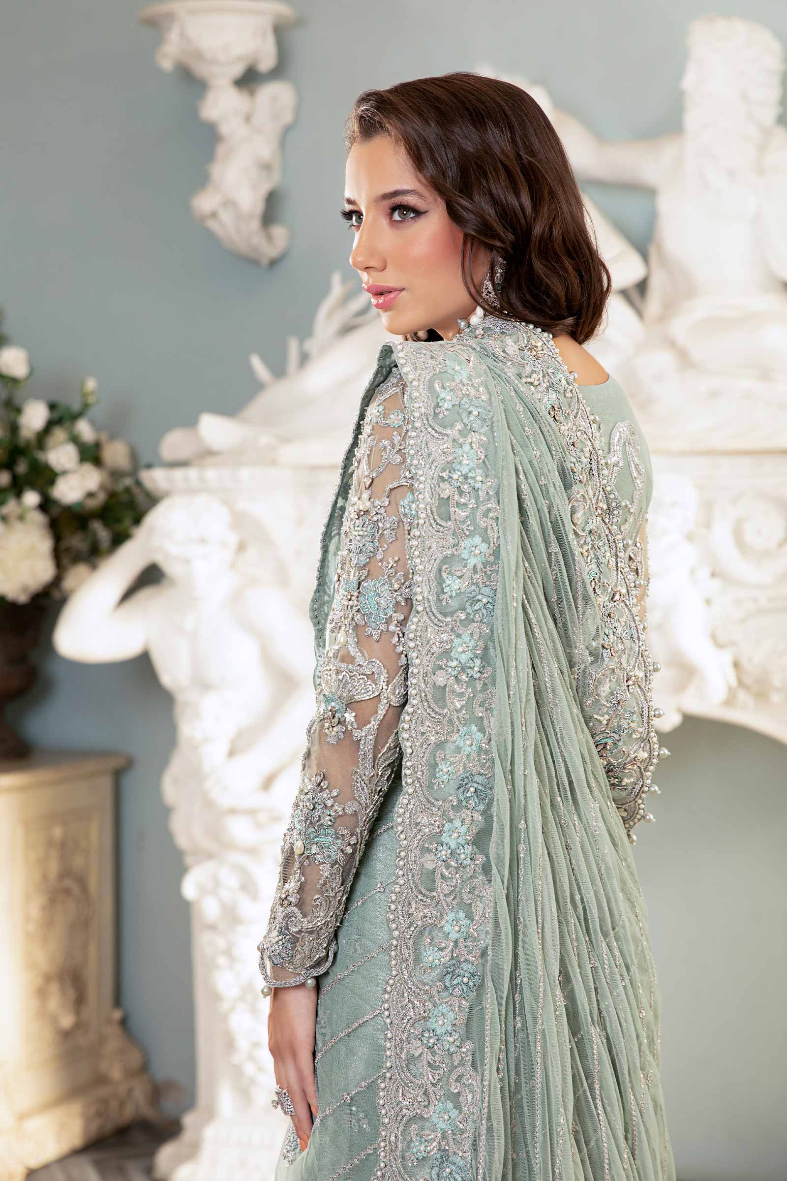 Pakistani Sea Green Embroidered Net Saree (3-Piece) - Image 7