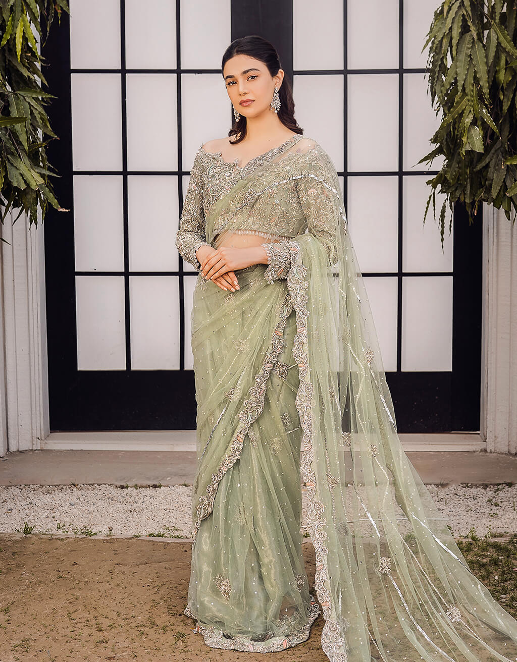 Mint Green Silver Embroidered Net Saree (2-Piece) - Image 1