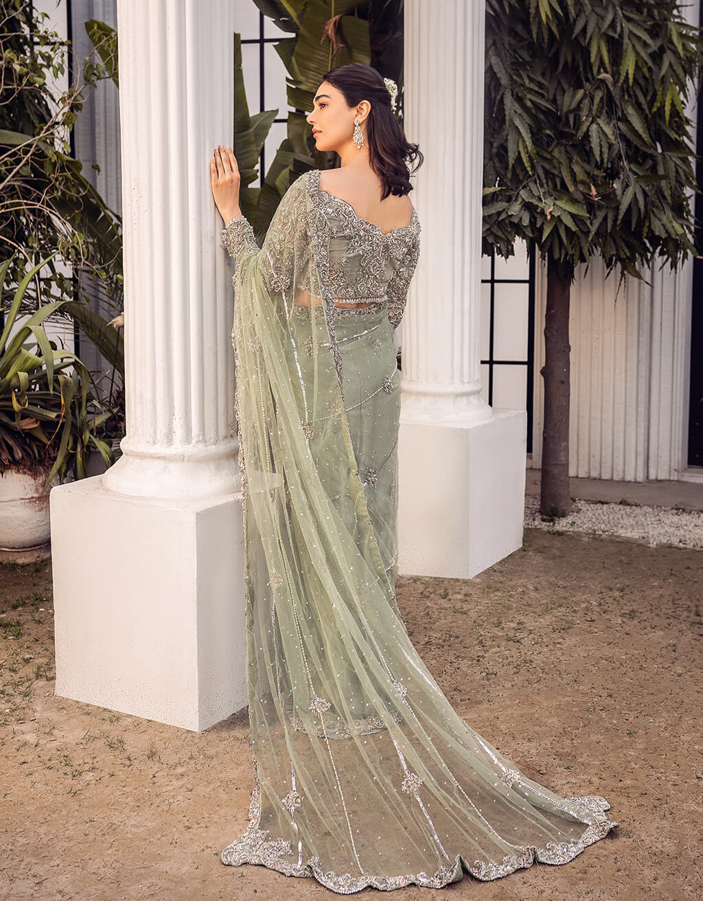Mint Green Silver Embroidered Net Saree (2-Piece) - Image 3