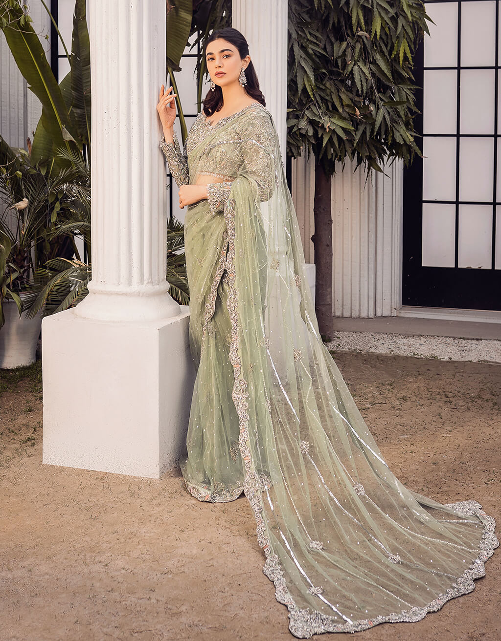 Mint Green Silver Embroidered Net Saree (2-Piece) - Image 4