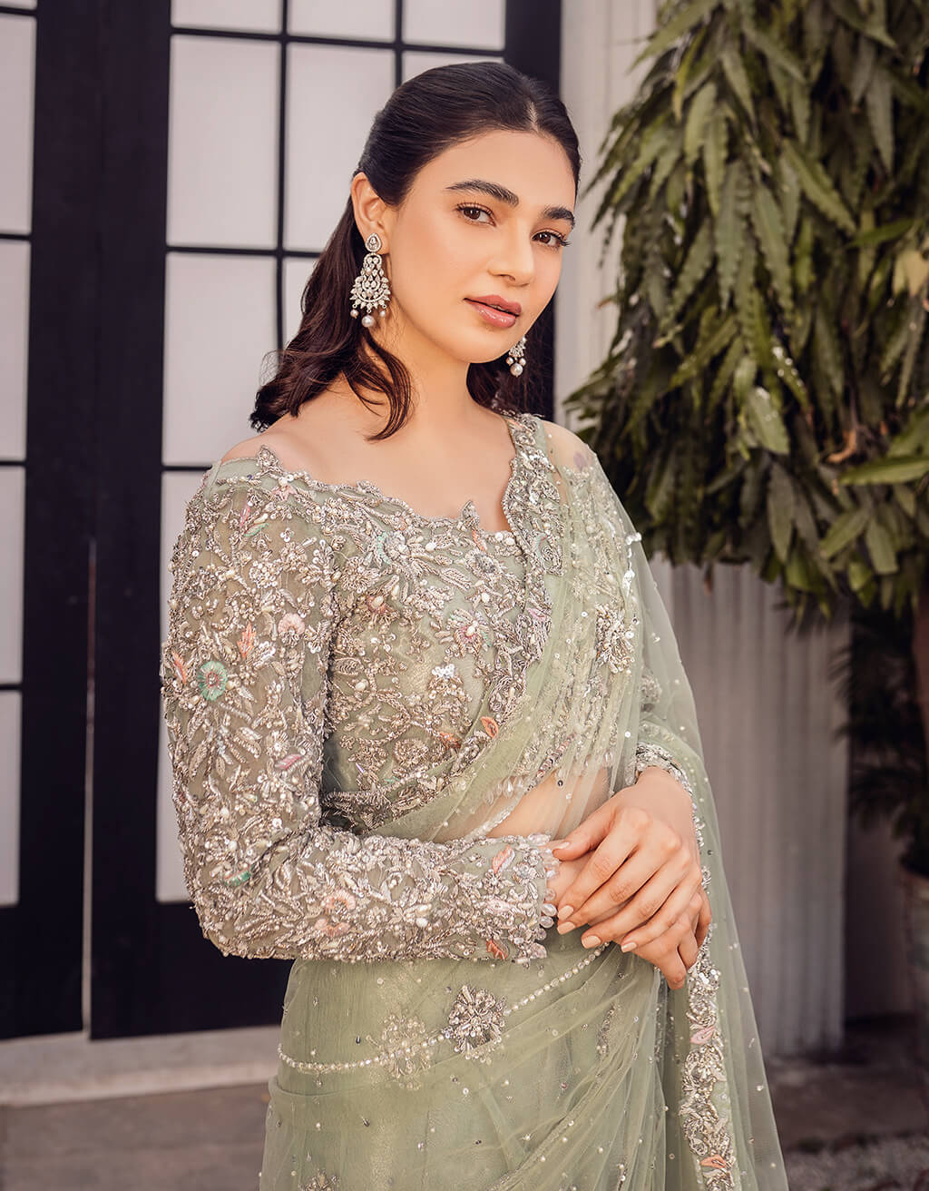 Mint Green Silver Embroidered Net Saree (2-Piece) - Image 5