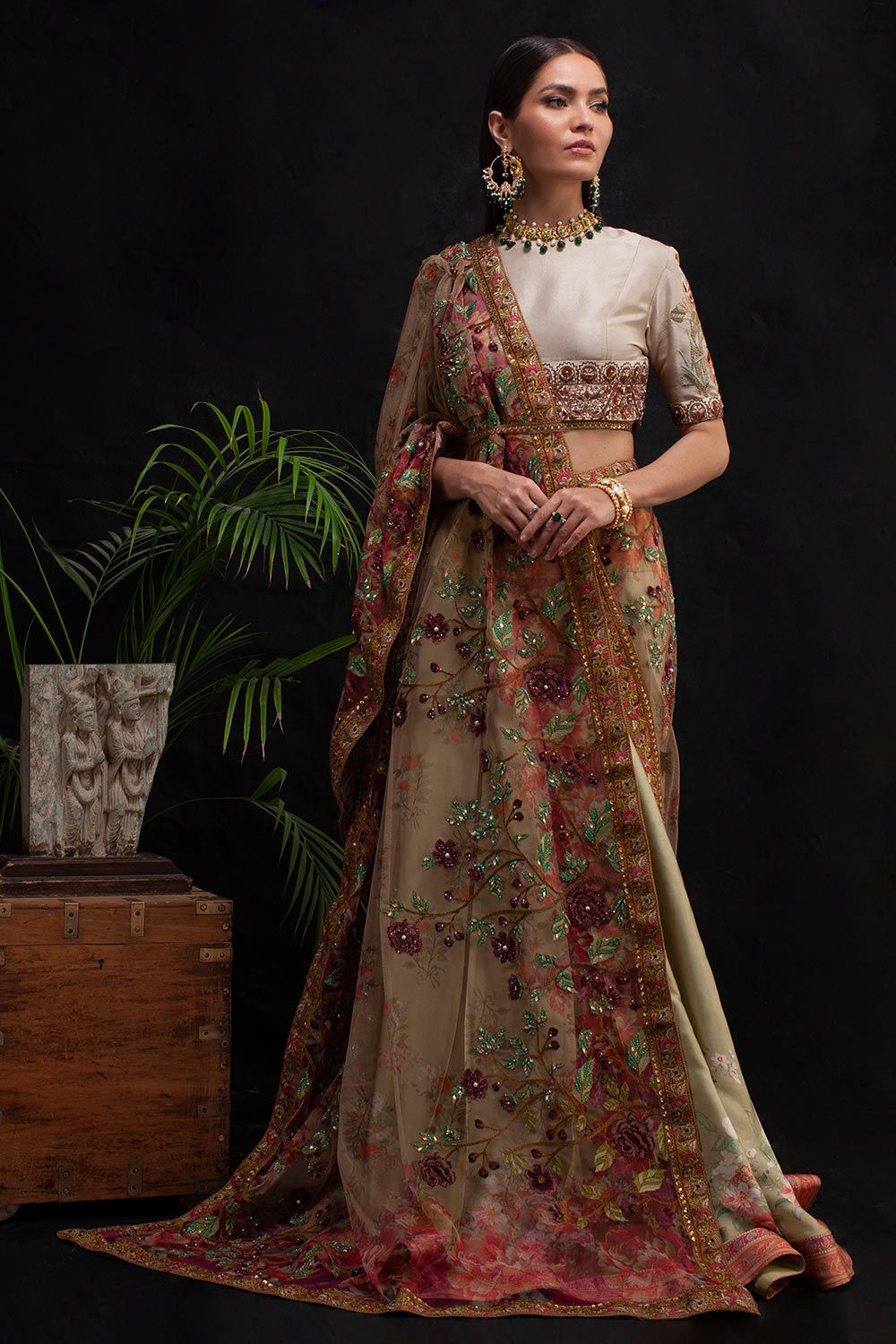 Pakistani Green Zardozi Embroidered Net Saree (2-Piece) - Image 1