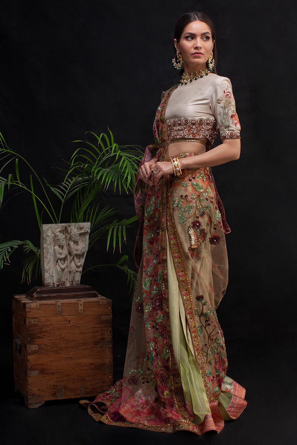 Pakistani Green Zardozi Embroidered Net Saree (2-Piece) - Image 3