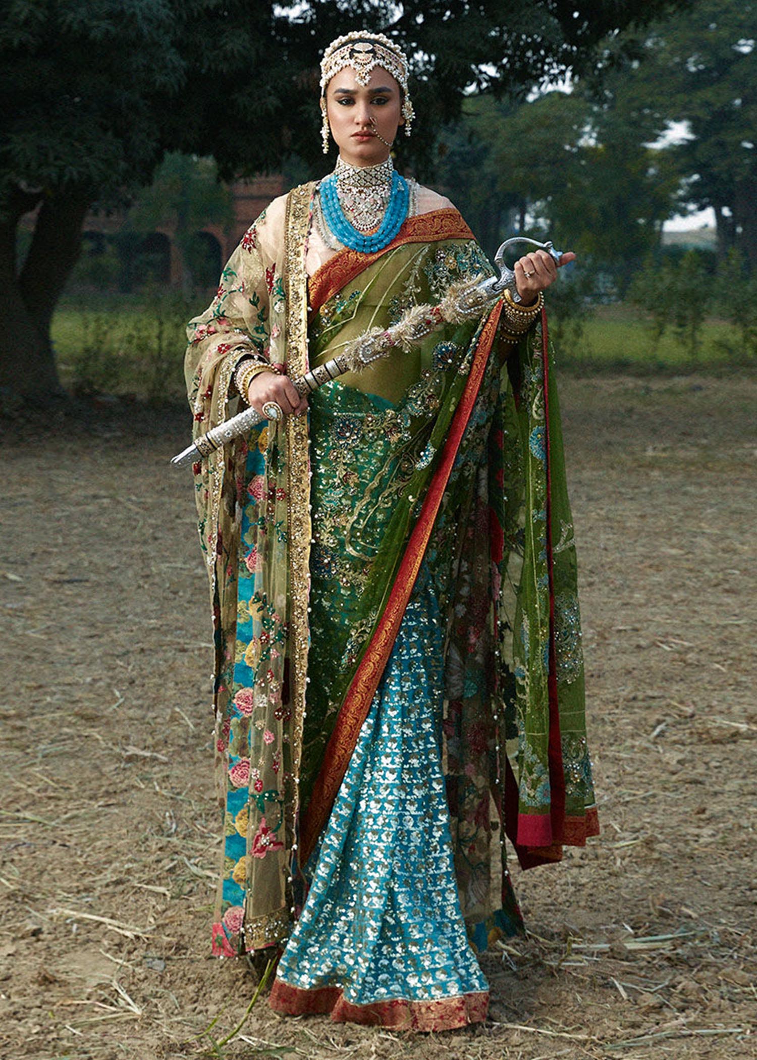 Aqua & Dull Parrot Green Embellished Organza-Net Saree (2-Piece) - Image 1