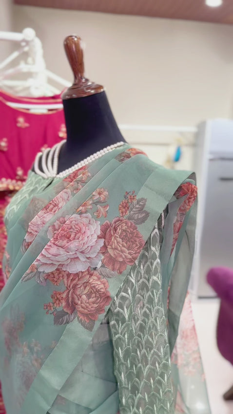 Sage Green Floral Organza Saree (3-Piece) - Image 1