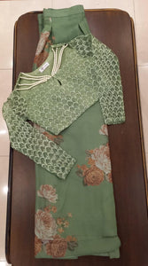 Sage Green Floral Organza Saree (3-Piece) - Image 2