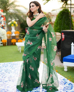 Emerald Green Floral Organza Saree (3-Piece) - Image 1