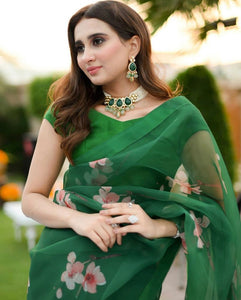 Emerald Green Floral Organza Saree (3-Piece) - Image 2