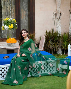 Emerald Green Floral Organza Saree (3-Piece) - Image 3