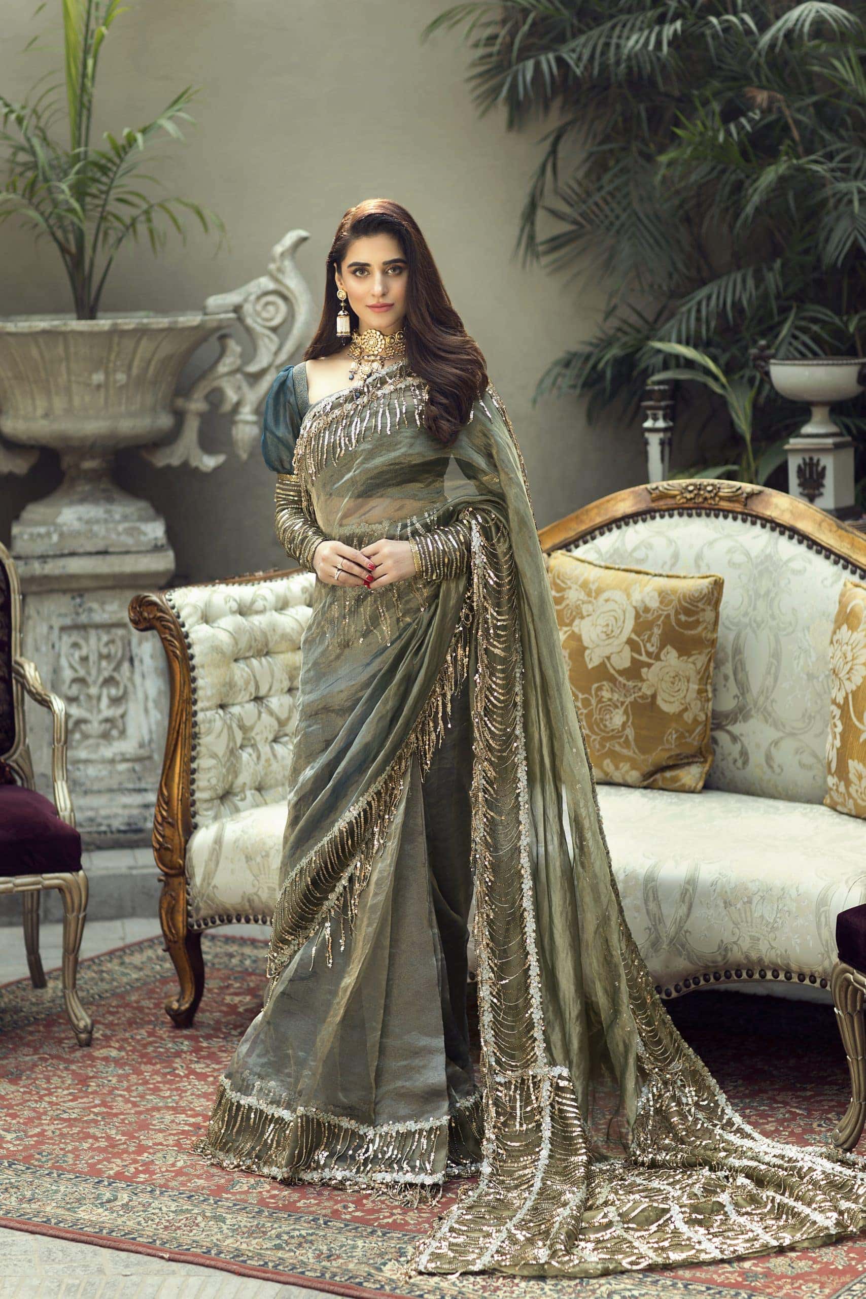 Olive Sequin Fringe Organza Saree (2-Piece) - Image 1