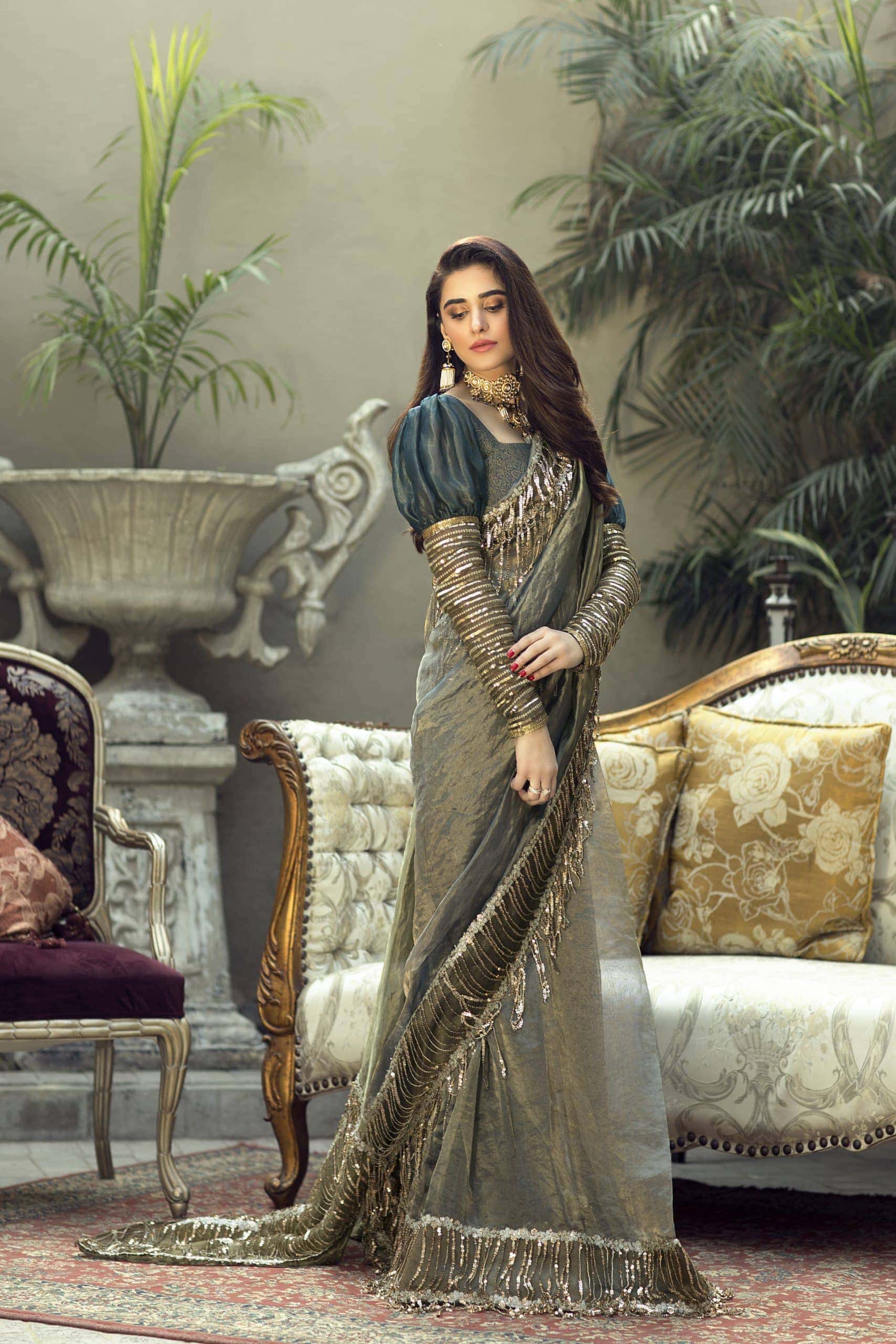 Olive Sequin Fringe Organza Saree (2-Piece) - Image 2