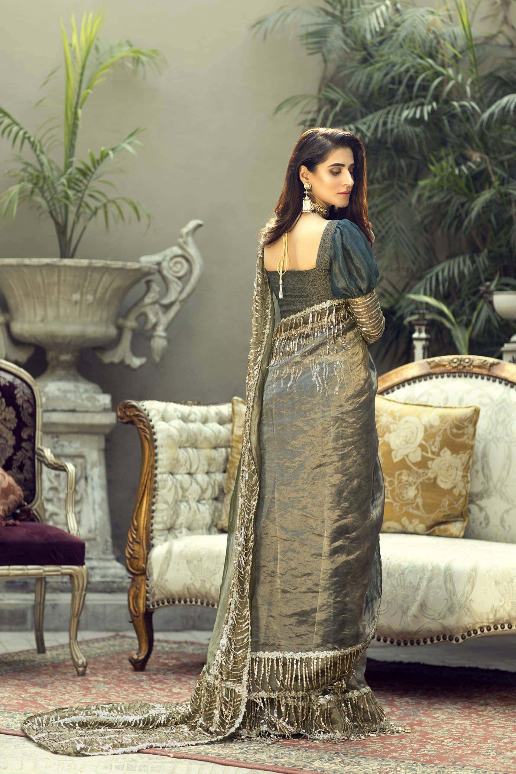 Olive Sequin Fringe Organza Saree (2-Piece) - Image 3